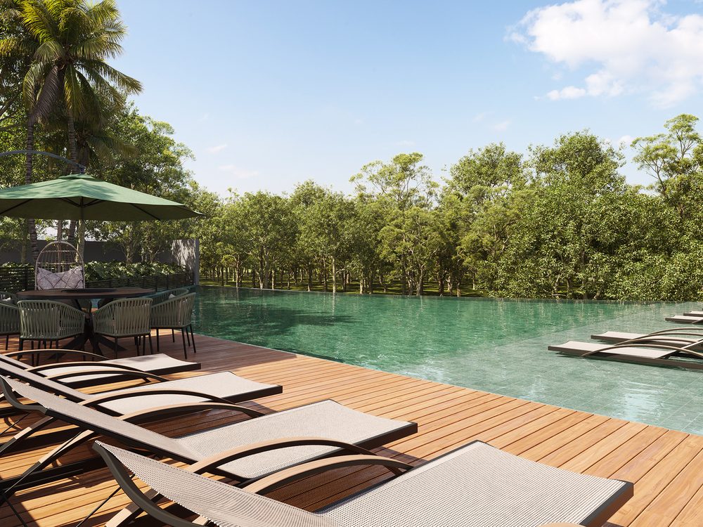 Deck de piscina com vista para o jardim do Reserva Vereda