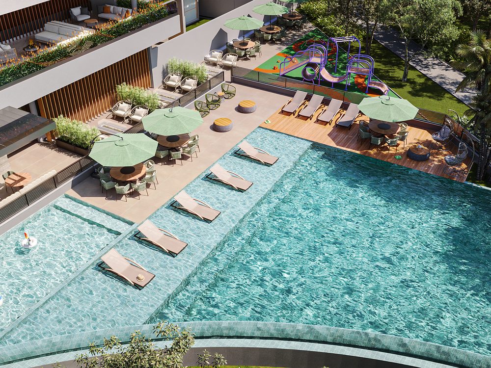 Piscina com deck e área de lazer do Reserva Vereda